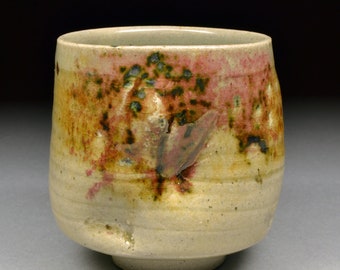 Unique Handmade Stoneware Yunomi glazed with Celadon, Wood Ash and Copper and Fired in Oxidation