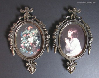 2 Vintage Victorian Syle Art Prints, Fancy Brass Framed