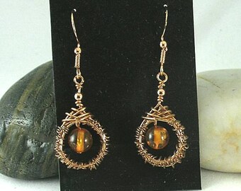 Amber Woven Wire Earrings - Celtic Knotwork