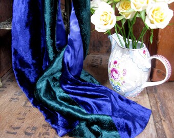 Velvet Scarf, Vintage Scarf, Satin Scarf, Evening Scarf, Ladies Scarf, Ladies Scarves, Blue Scarf, Green Scarf, Velvet Accessory, Party