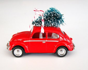 VW Bug Beetle Christmas Ornament with Tree on Top