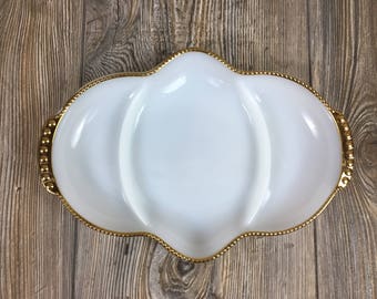 Vintage Fire King • Milk Glass Divided Serving Dish • Opaque White Gold Trim • 1950's