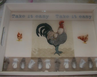 Tray for serving coffee or tea, Rooster and hens pattern