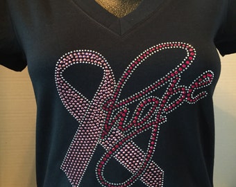 Breast Cancer Awareness - Hope with a Pink Ribbon Rhinestone Shirt