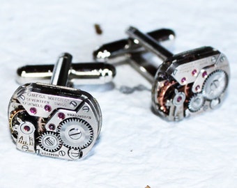 OMEGA Steampunk Cufflinks - Extremely Rare GENUINE OMEGA Silver Vintage Watch Movement - Prestigious Men Steampunk Cufflinks Cuff Links Gift