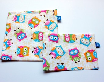 Reuseable Eco-Friendly Set of Snack and Sandwich Bags in Yellow Owls Fabric
