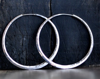 2 inch hoop earrings, sterling silver, planishing smooth hammer, wide endless style hoop, eco friendly solar power