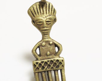 African Fertility Goddess Pendant, Tribal Brass Pendant, Adinkra Comb Pendant (AP155)