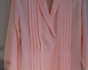 Vintage Claude Bennett Light Pink Blouse Pleated Front Shawl Collar Long Sleeve Size 8