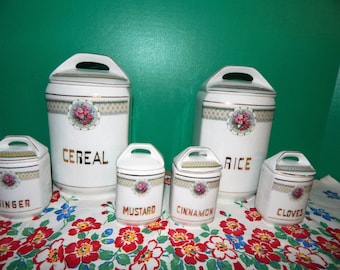 Canisters 2 Large Cereal&Rice 4 Small Cloves Cinnamon Mustard Ginger 12 Piece Vintage Porcelain Czechoslovakia UNION X Sold as Complete Set
