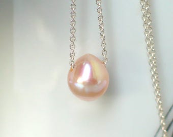 Blush Pink Pearl Necklace | Teardrop Freshwater Pearl | Argentium Silver Chain | Floating Solitaire Pearl Necklace | Birthday | Wedding Gift