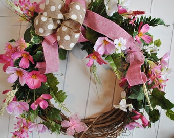 Everyday Wreath, Cottage Wreath, Summer Wreath, Wedding Wreath, Spring Wreath, Pink Foral Wreath, Burlap Wreath, Door Wreath, Door Wreath
