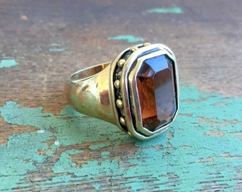Vintage Large Chunky Victorian Revival Ring Amber Glass Gold Tone