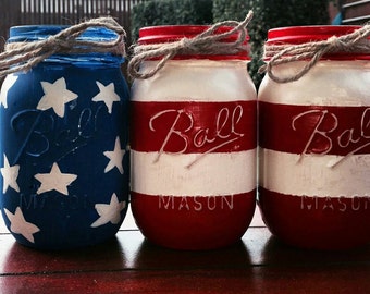 4th of July, American Flag Decor, Mason Jars, 4th of July Decor, Set of 3, Labor Day Red White and Blue, American Flag Mason Jars, July 4th