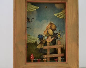 3D Vintage Wooden Picture, Retro Decor, Children's Decor, Vintage Decor, Retro Picture Hummel Girl and Boy Three Dimensional