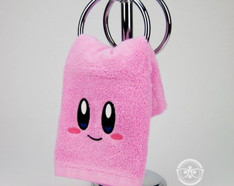 Kirby Hand Towel - Geeky Embroidered Video Game Bathroom Towel & Kitchen Decor