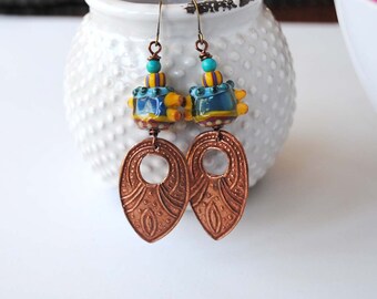 Colorful Ethnic Earrings, Large Copper Earrings, Funky Lampwork Earrings, Teardrop Earrings, Boho Gypsy Earrings,
