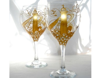 Lighthouse Wine Glass Hand Painted Glassware Nautical Goblet Personalized