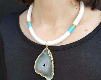 Blue cotton rope necklace, handmade