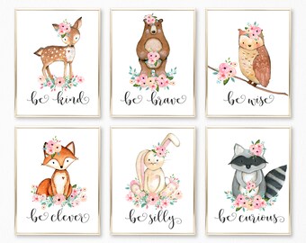 Printable Nursery Art. Pink Peach and Mint Nursery Wall Art. Baby Decor. Woodland Nursery Decor. Be Kind, Be Brave. Forest Animals Nursery.
