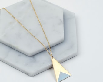 Long Brass Triangle Necklace (Blue) - Modern Handmade Geometric Minimalist Jewellery