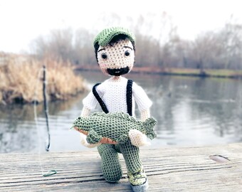 Regalo personalizado pescador, amante de la pesca, dia del padre, aficionado, decoración, algodón, miniatura muñeco, cumpleaños, aniversario