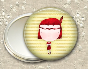 cute girl pocket mirror, red haired girl art hand mirror, mirror for purse, gift for her, bridesmaid gift, stocking stuffer MIR-106