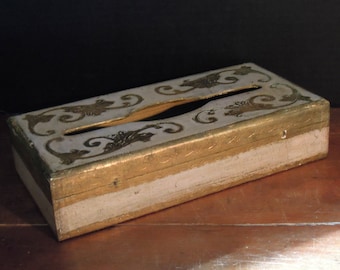 Vintage Italian Pink and Gold Florentine Wood Tissue / Kleenex Box Holder / Made in Italy