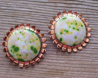 Matisse Earrings, Vintage MATISSE RENOIR Enamel Copper Clip Earrings, Green Yellow Enamel Earrings, Modernist Copper Earrings, MCM Copper