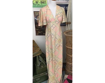 Vintage 70's "Young Edwardian by Arpeja" Pastel printed open back flutter sleeve maxi dress ||