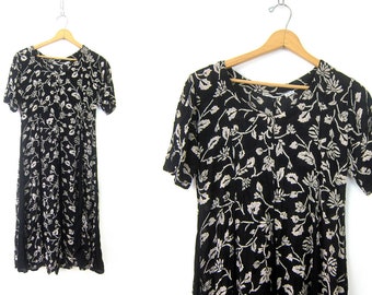 Vintage Black Floral Dress Sheer Summer Dress Flower Print Pattern Sundress Boho Chic Womens Size Medium Large