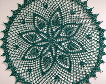 New Handmade Crocheted "Hospitality" Doily in Forest Green - 15"