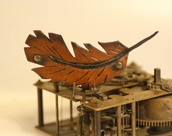 steampunk leather hair clip , feather (made to order)
