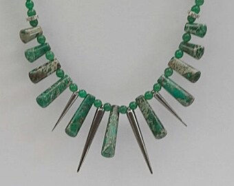 Green Sea sediment Jasper Bib Necklace, Spike Necklace, Green Jewelry, Gemstone Necklace, Australian Made, Chakra Necklace, Gift for her