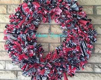 Fabric Wreath, Red and Black Wreath, Front Door Wreath, Rag Wreath, Summer Wreath, Spring Wreath, Indoor Wreath, Rustic Wreath, Office Decor