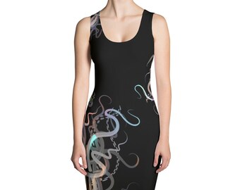Black Aurora Octopus Tentacle Dress, Spandex Dress, Black Dress, Short Dress, Summer Dress
