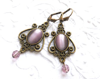 art nouveau chandelier earrings mauve chandelier earrings pink earrings bronze and mauve Art Nouveau style style earrings