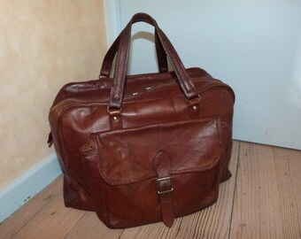 Antique leather weekender bag handbag luggage travel bag case French LARGE 1900s traveling bag, traveler bag brown leather overnight bag