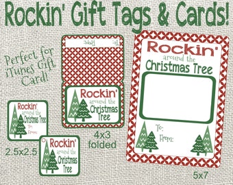 Rockin' Around The Christmas Tree Christmas Gift Tags and Cards. Perfect for iTunes Giftcard! Instant Digital Download
