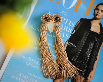 Gold tassel earrings Long beaded tassel earrings Beaded fringe earrings Gold statement earrings Wedding earrings Bridesmaid tassel earrings