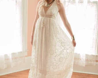 Boho Wedding Dress, Velvet Burnout Dress, Halter Wedding Dress, Beach Wedding Dress, Hippie Wedding Dress, Bohemian Wedding Dress, Lace