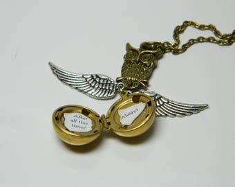 Legendary Owl with Brass Ball Locket Necklace. Magical Wizard. Seeker locket.gift.Snitch Necklace.