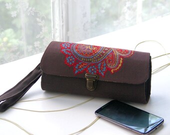 Smartphone wallet clutch - large- phone wallet, iphone 6 7 plus case holder brown wallet android case, roomy handmade wristlet READY TO SHIP