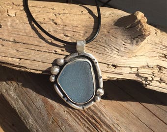 Gorgeous blue sea glass necklace, sterling silver