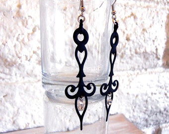 Gothic Steampunk Earrings Clock Hands Black with Crystals- Noir Neo Victorian Styled
