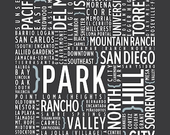 San Diego, California Neighborhoods - Typography Print