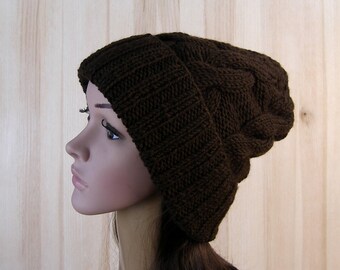 Brown Slouchy Cable Beanie knitted Hat Slouch Hat Brown Beanie, Slouchy winter hat slouchy hats womens knit hat