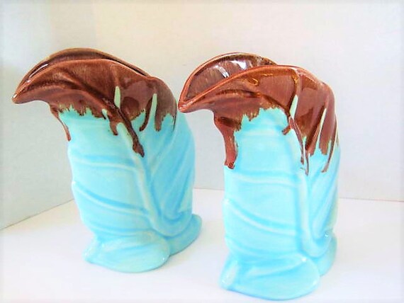 Mid Century Fern Vases, Drip Glaze Aqua Pottery, Mid Century Pair Vases