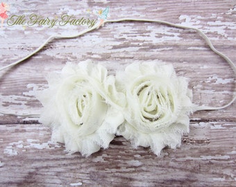 Ivory Flower Headband, Chiffon Rosettes Duo Headband or Hair Clip, Baptism, Christening, Newborn Baby Infant Toddler Child Girls Headband