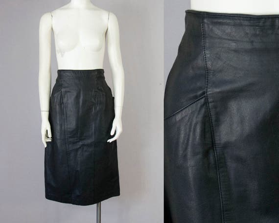 80s Vintage Black Leather High-Waisted Midi Skirt M